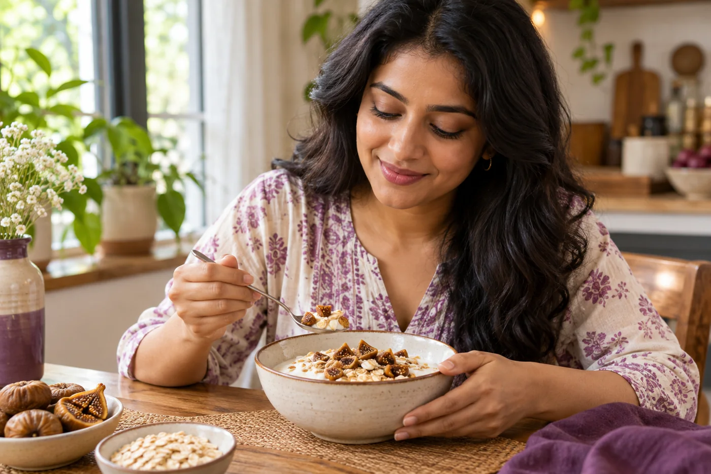 Diced dried figs added to a bowl of plain yogurt and oats, realistic modest portion