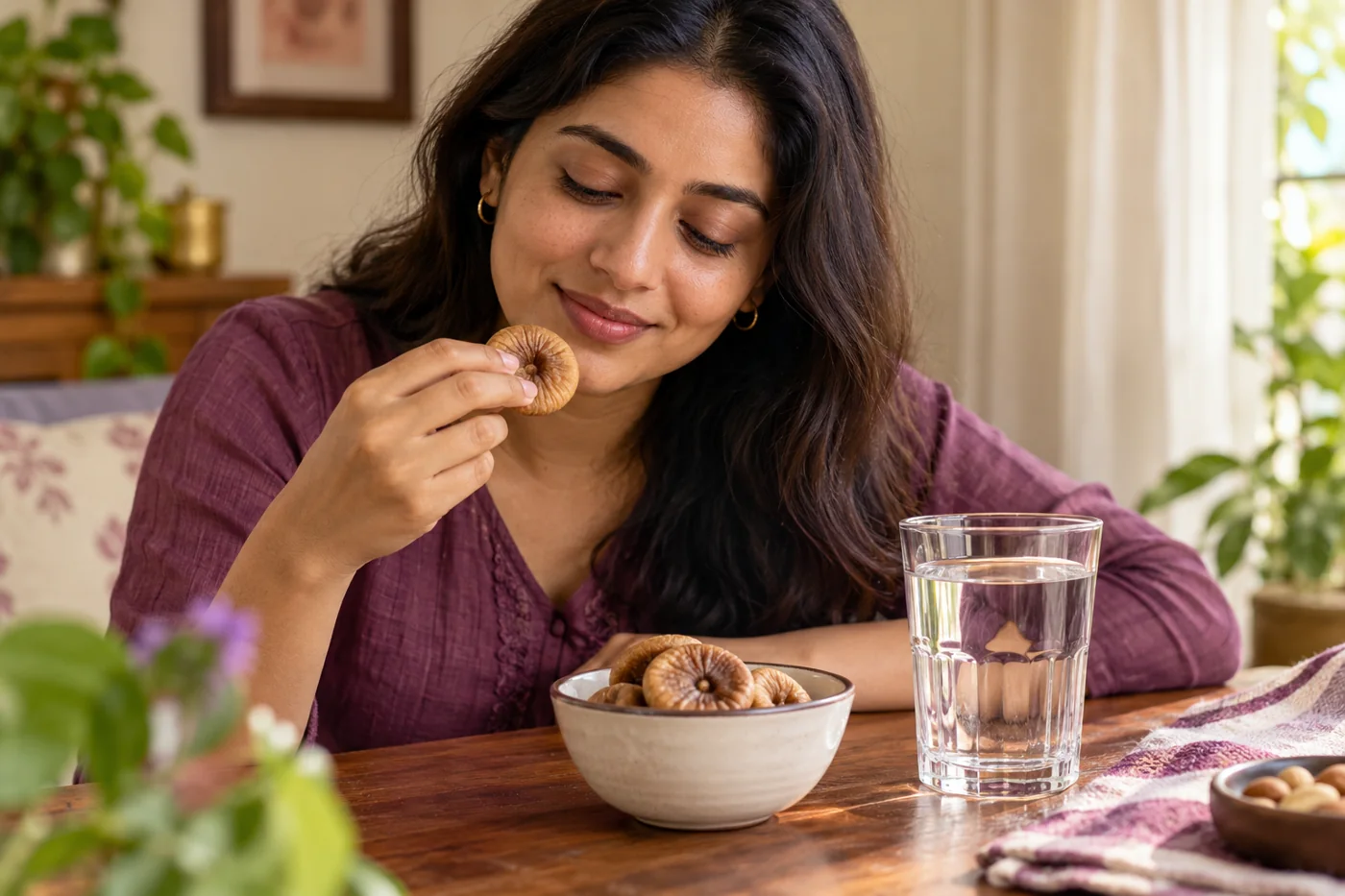 Dried figs beside a glass of water and small serving bowl, close food photograph