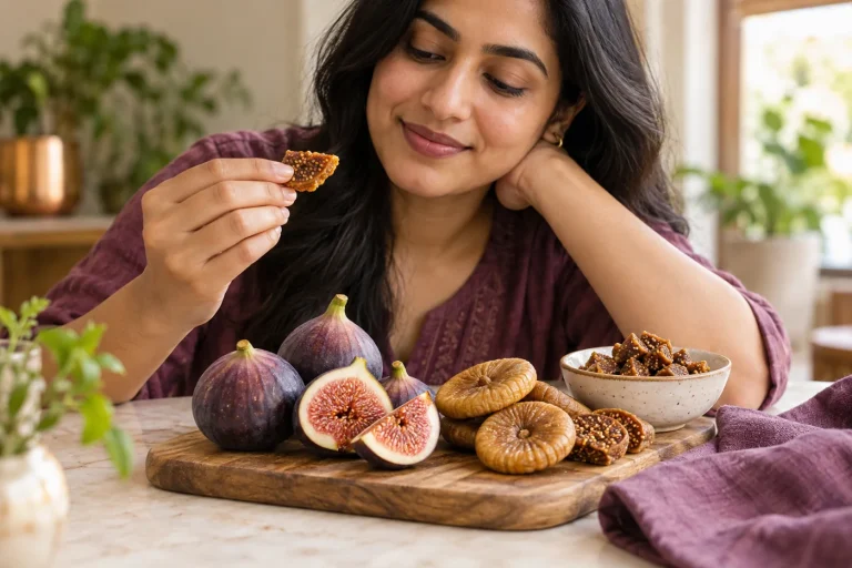 Fresh and dried figs, cut fig interiors and a small bowl of chopped anjeer on an ivory table