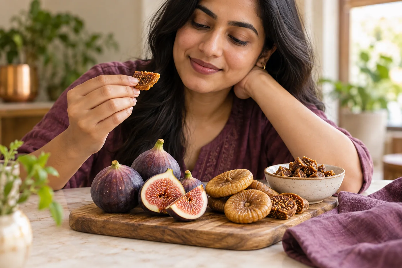 Fresh and dried figs, cut fig interiors and a small bowl of chopped anjeer on an ivory table