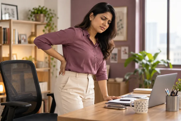 An Indian office worker indicating back discomfort beside her desk