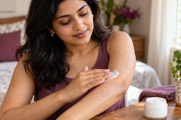 An Indian woman applying plain moisturizer to visibly dry skin on her forearm, close-up