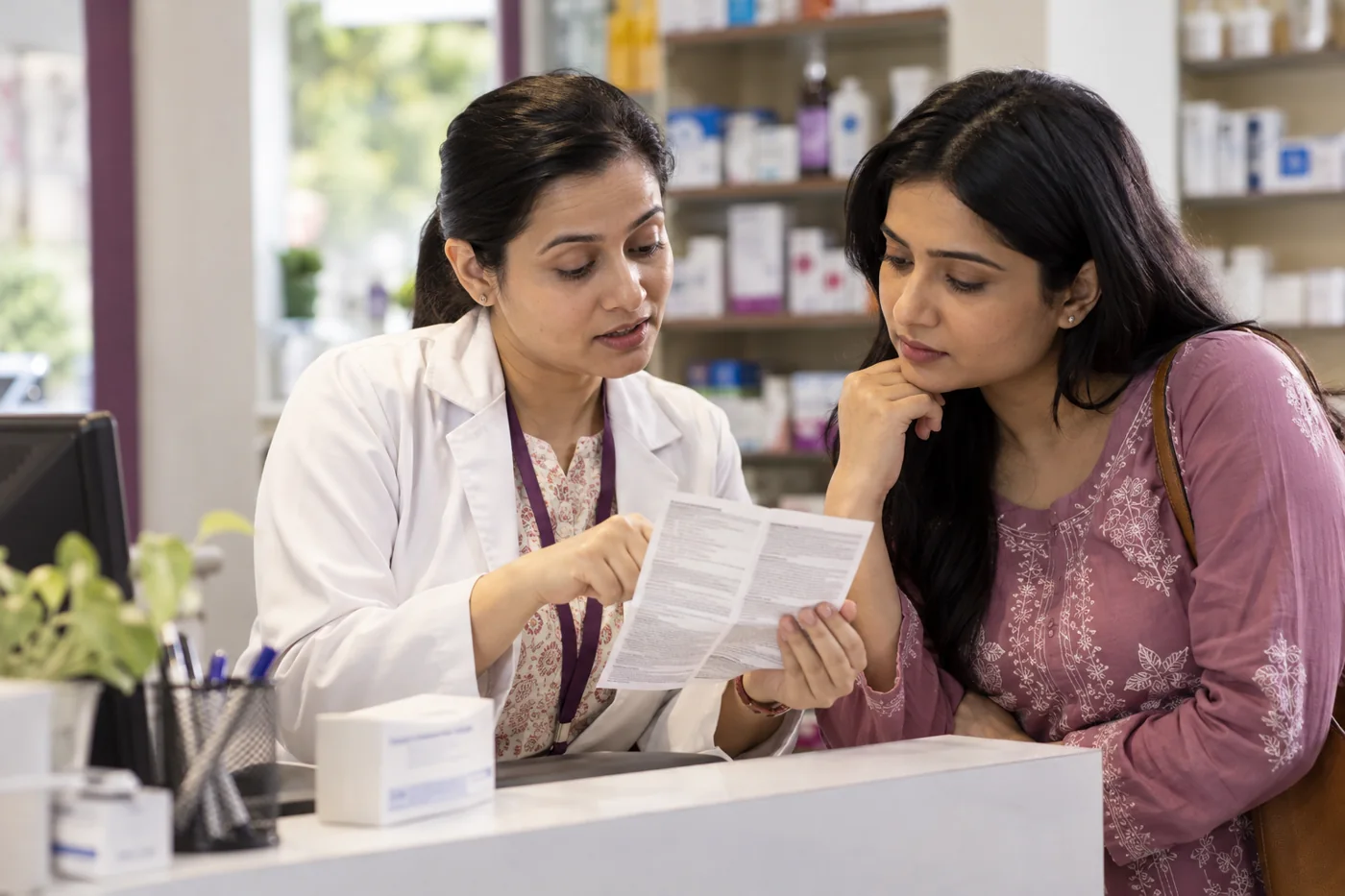 A pharmacist showing a woman how to read a medicine leaflet, text deliberately not readable