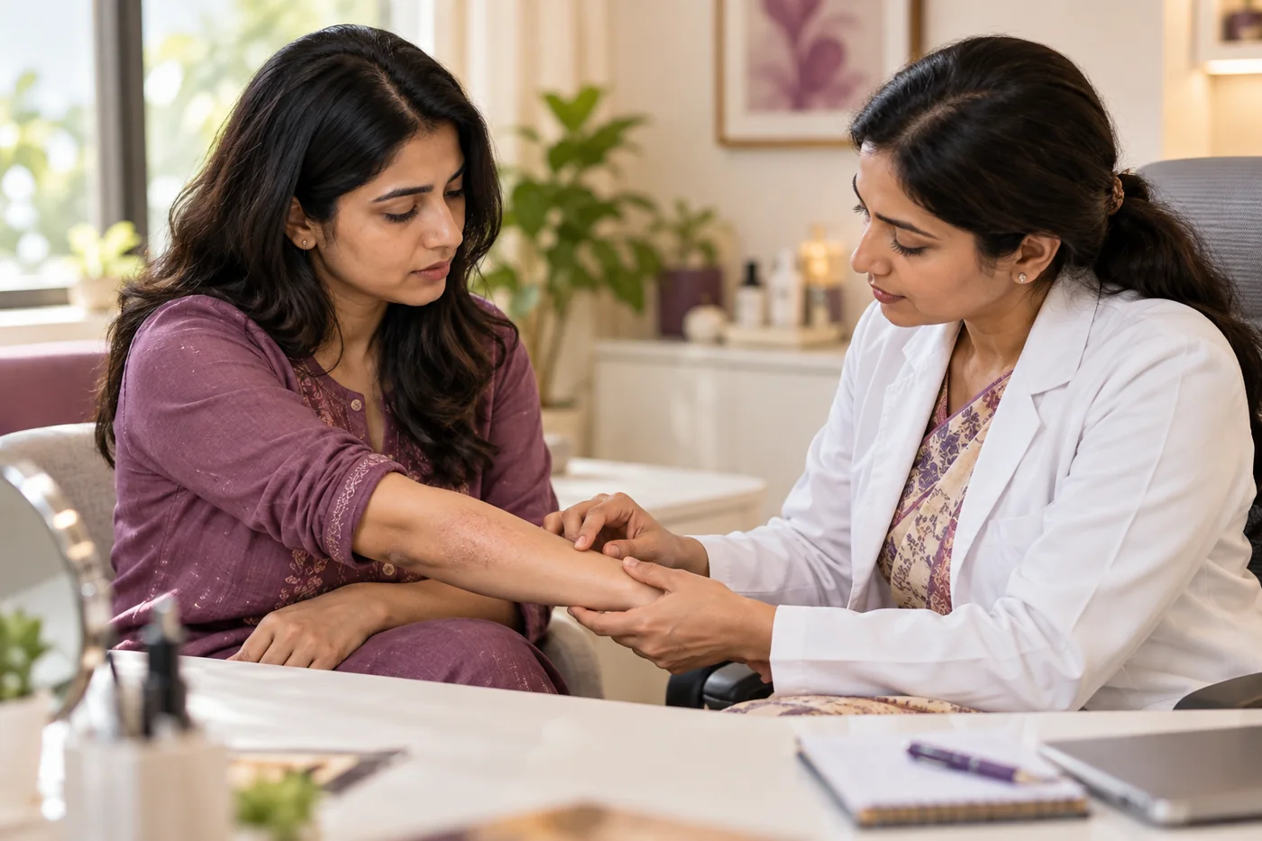An Indian woman consulting a dermatologist about a forearm rash, subtle non-graphic dry patch only