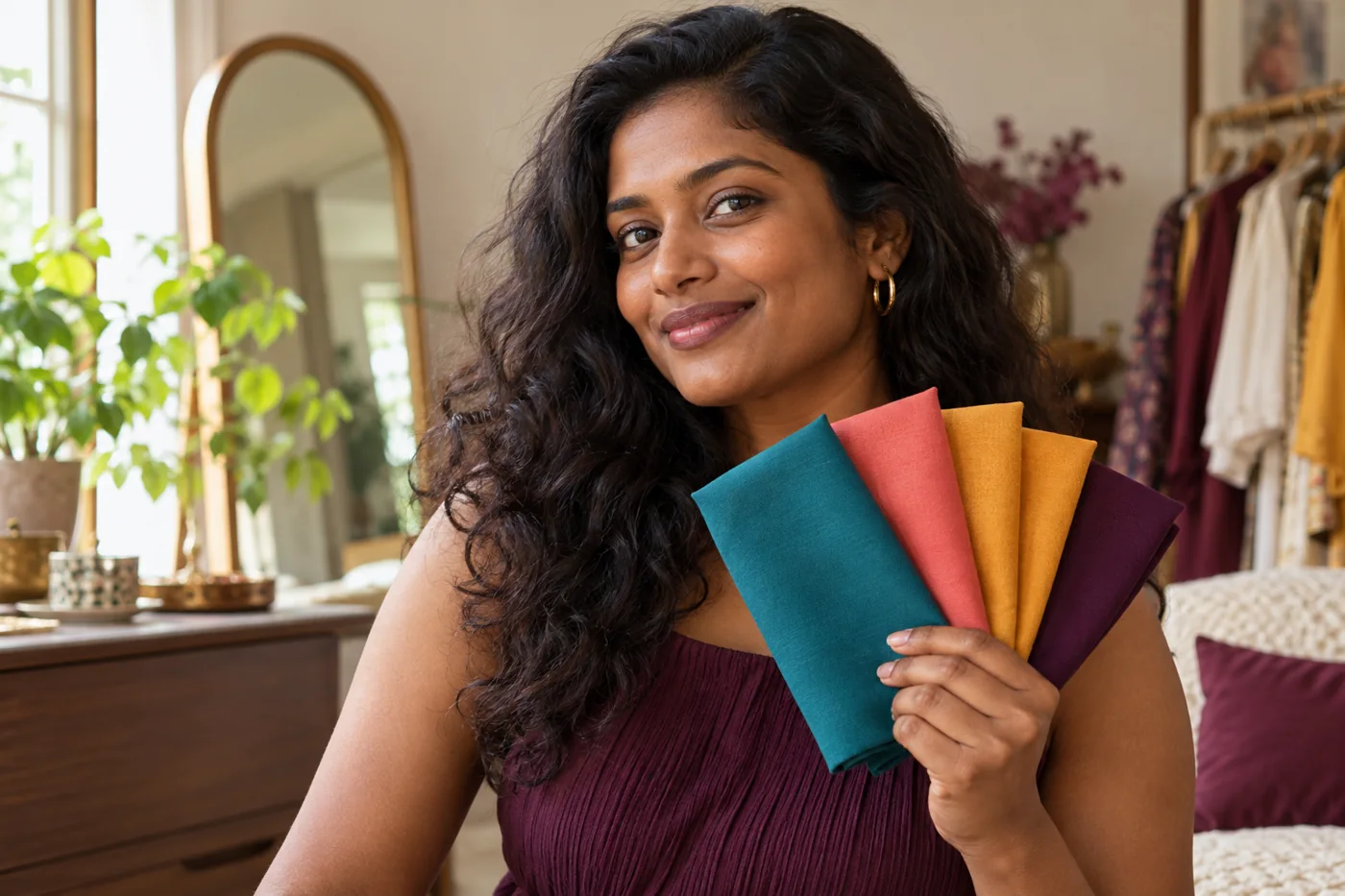 Dark-skinned woman holding teal, coral, mustard and plum fabric swatches near her shoulder