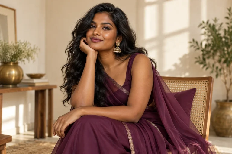 A confident dark-skinned Indian woman wearing a rich plum outfit against warm ivory studio backdrop