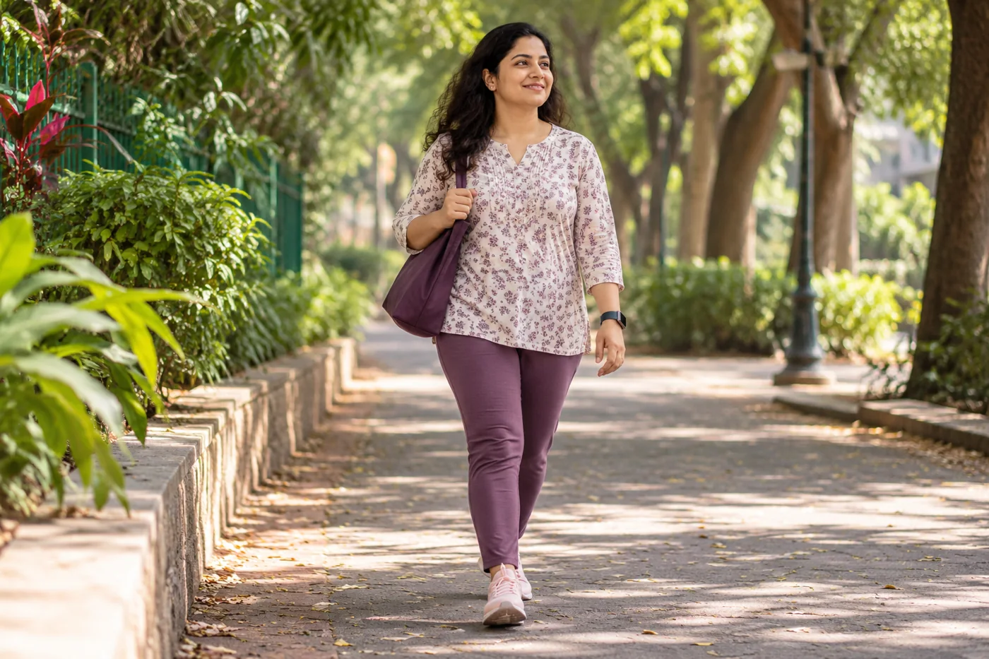 An Indian woman walking outdoors on a shaded path in comfortable shoes