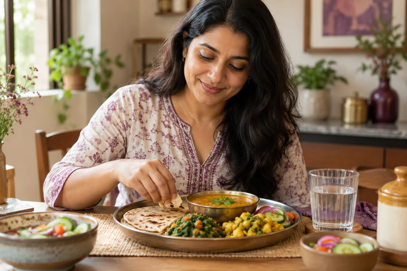 A balanced homemade Indian meal with vegetables, whole grain roti and dal, no weight loss claims