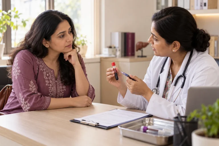 An Indian woman discussing liver blood testing with her doctor, test tube and blank laboratory request on desk