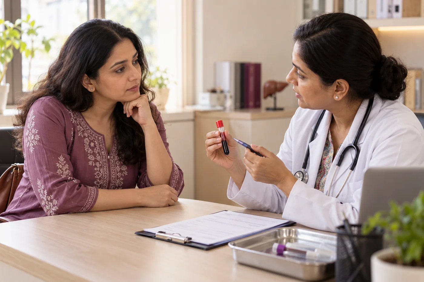 An Indian woman discussing liver blood testing with her doctor, test tube and blank laboratory request on desk