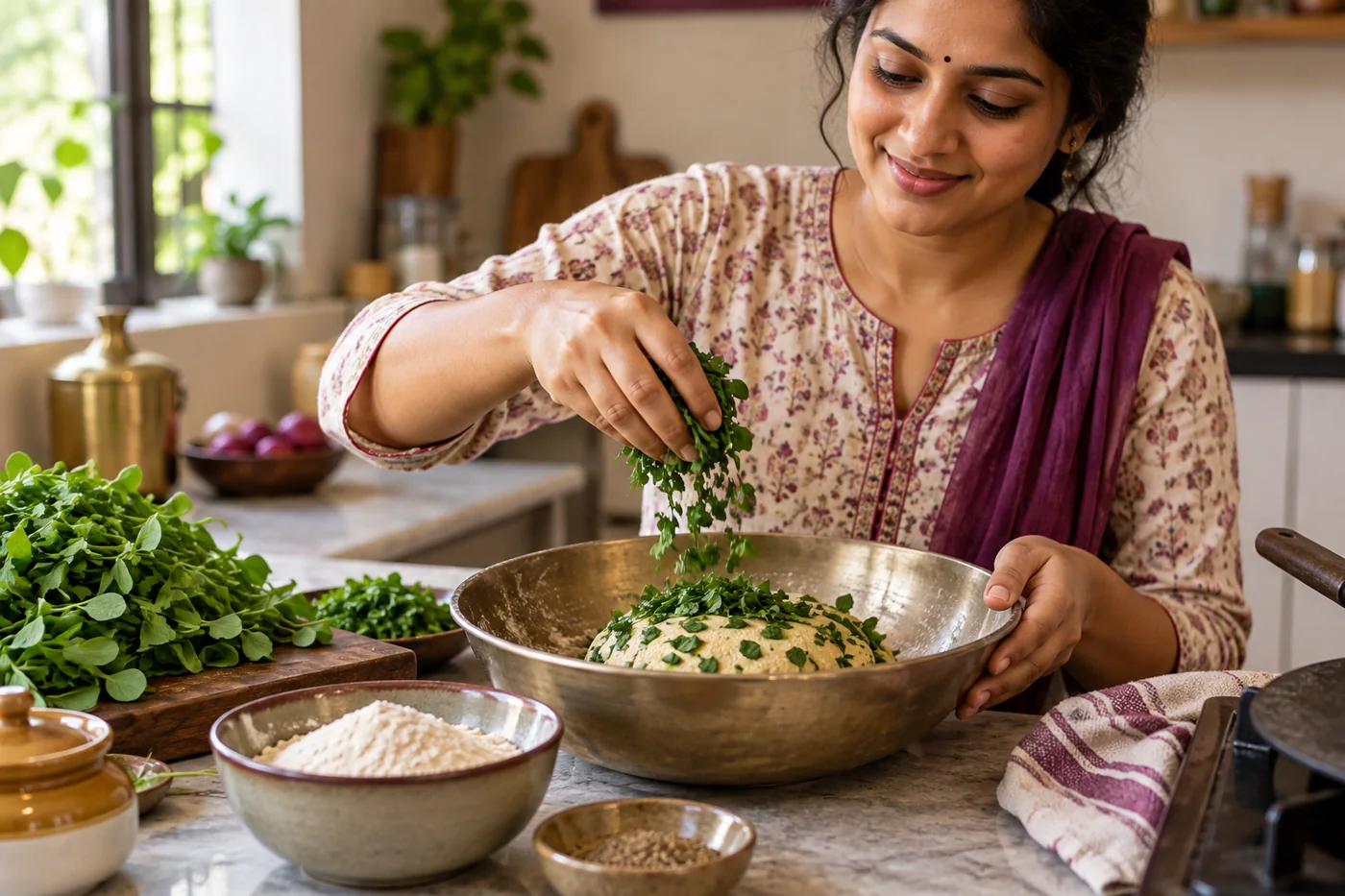 Fresh methi leaves being added to homemade Indian roti dough on a kitchen worktop