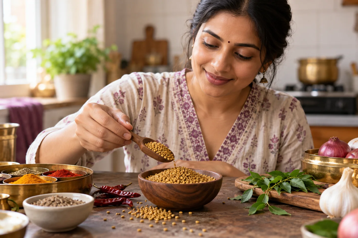 Small measured culinary portion of fenugreek seeds beside common Indian cooking spices