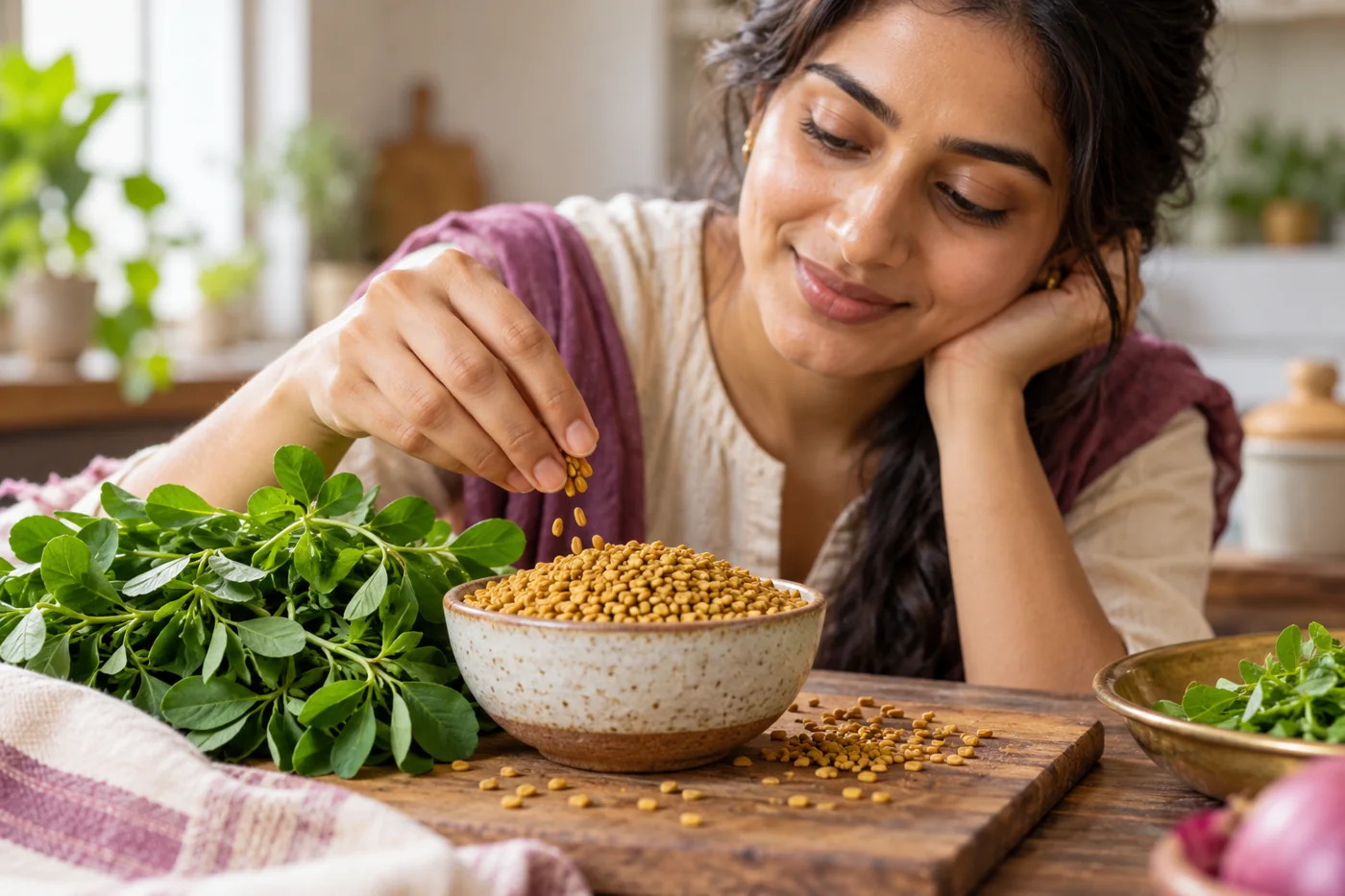 Macro food photograph of golden angular fenugreek seeds in a small ceramic bowl with fresh methi leaves