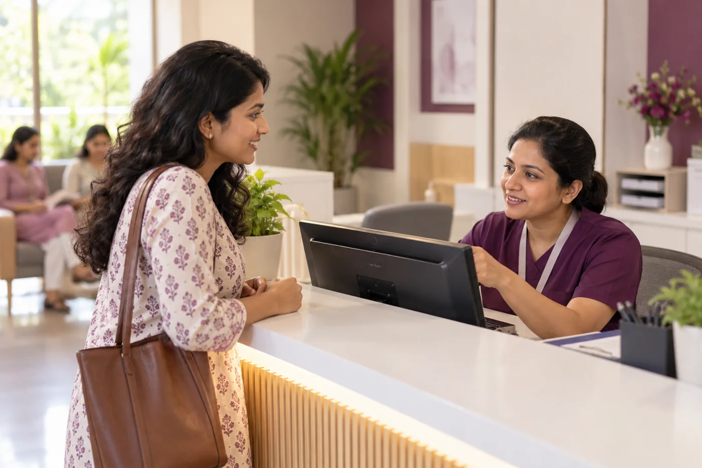 An Indian woman speaking to a clinic receptionist to confirm appointment availability