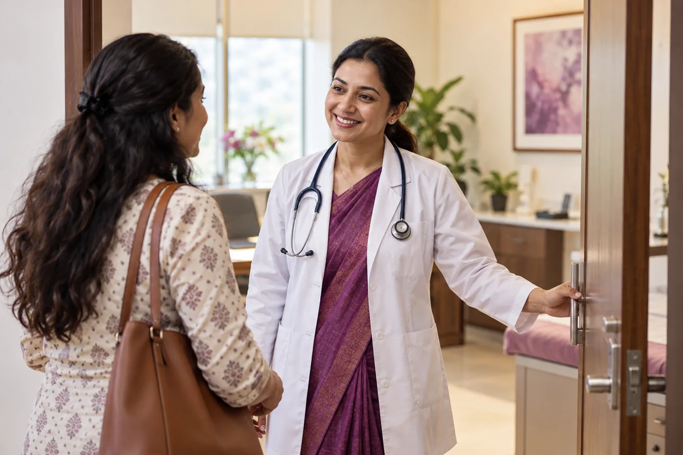 A female gynecologist greeting an adult Indian woman at a clinic doorway, approachable professional setting