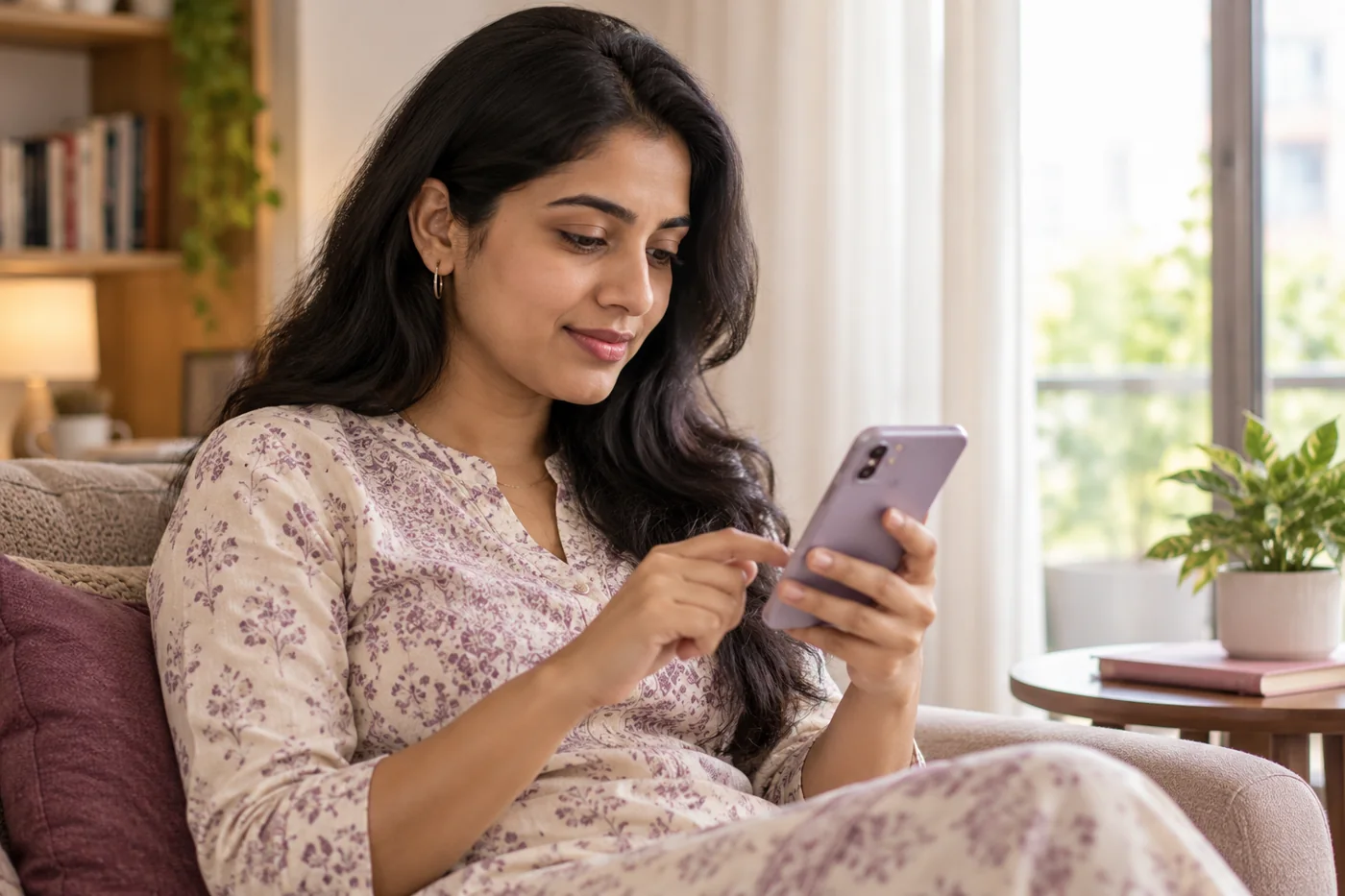 An Indian woman checking a gynecology clinic profile on her phone, no readable or fabricated ratings