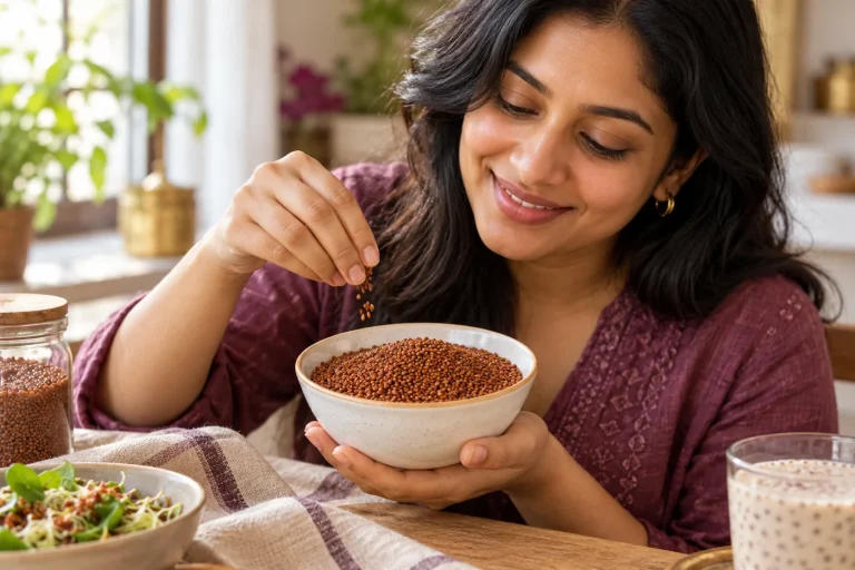 Macro food photograph of small reddish-brown garden cress halim seeds, not chia or basil seeds, in a white bowl