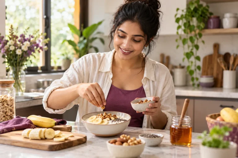 An Indian woman preparing a nourishing snack of yogurt, nuts and banana in a bright kitchen