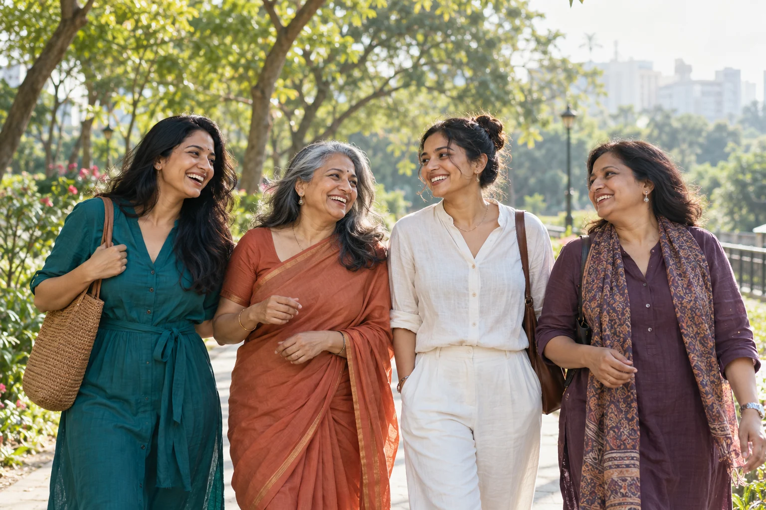 Four Indian women of different ages enjoying a walk together in a leafy park