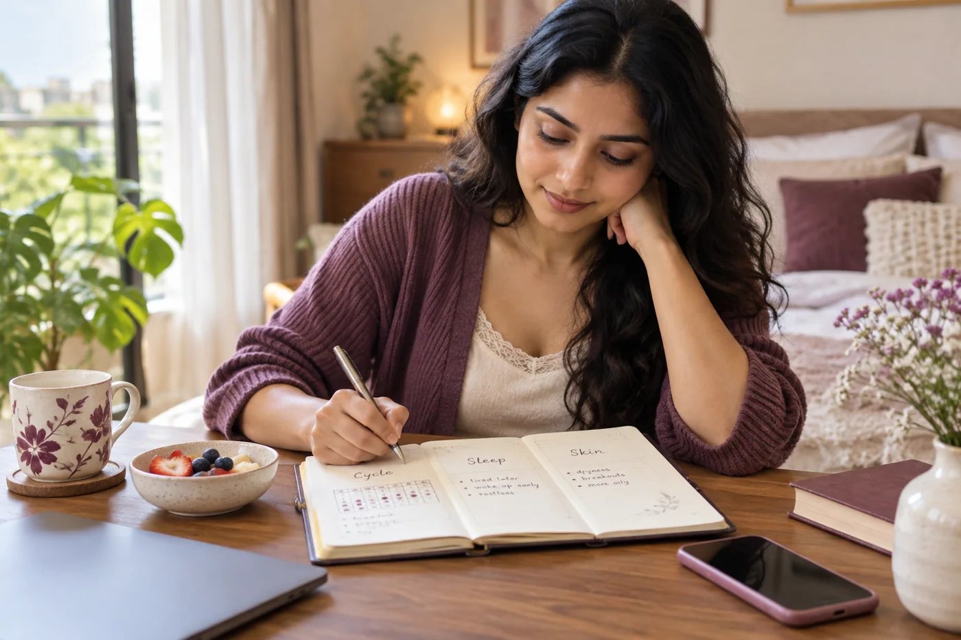 A woman writing down changes in her cycle, sleep and skin in an uncluttered health journal