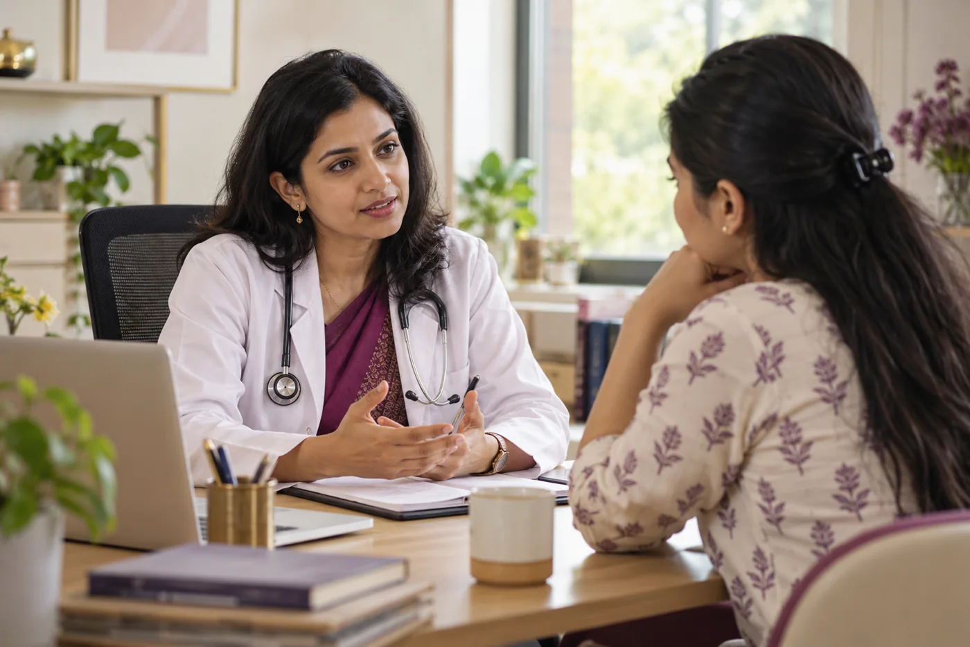 A female endocrinologist discussing a woman’s symptom history at a calm clinic appointment