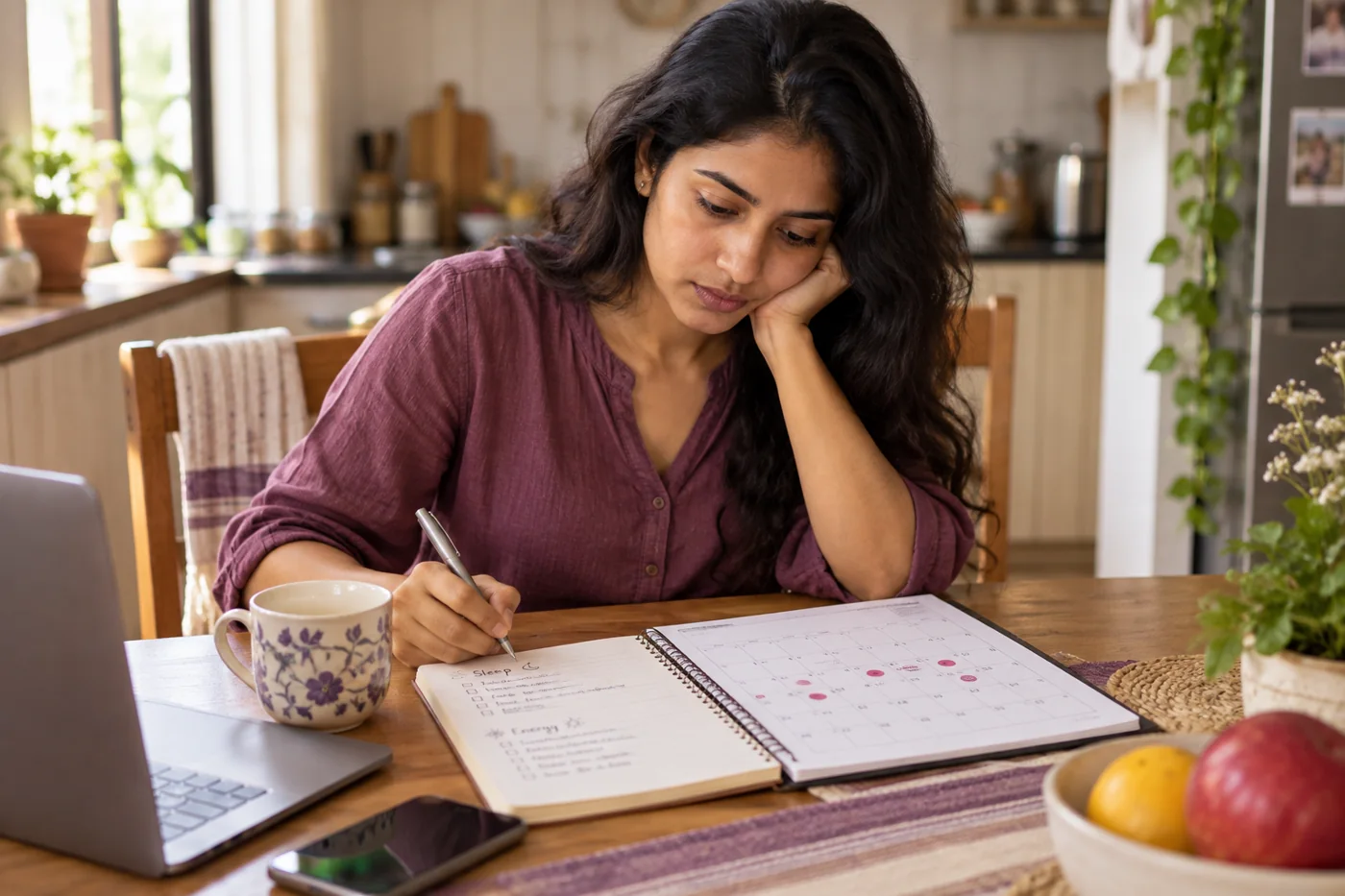 An Indian woman comparing a menstrual calendar and notes about sleep and energy at a kitchen table