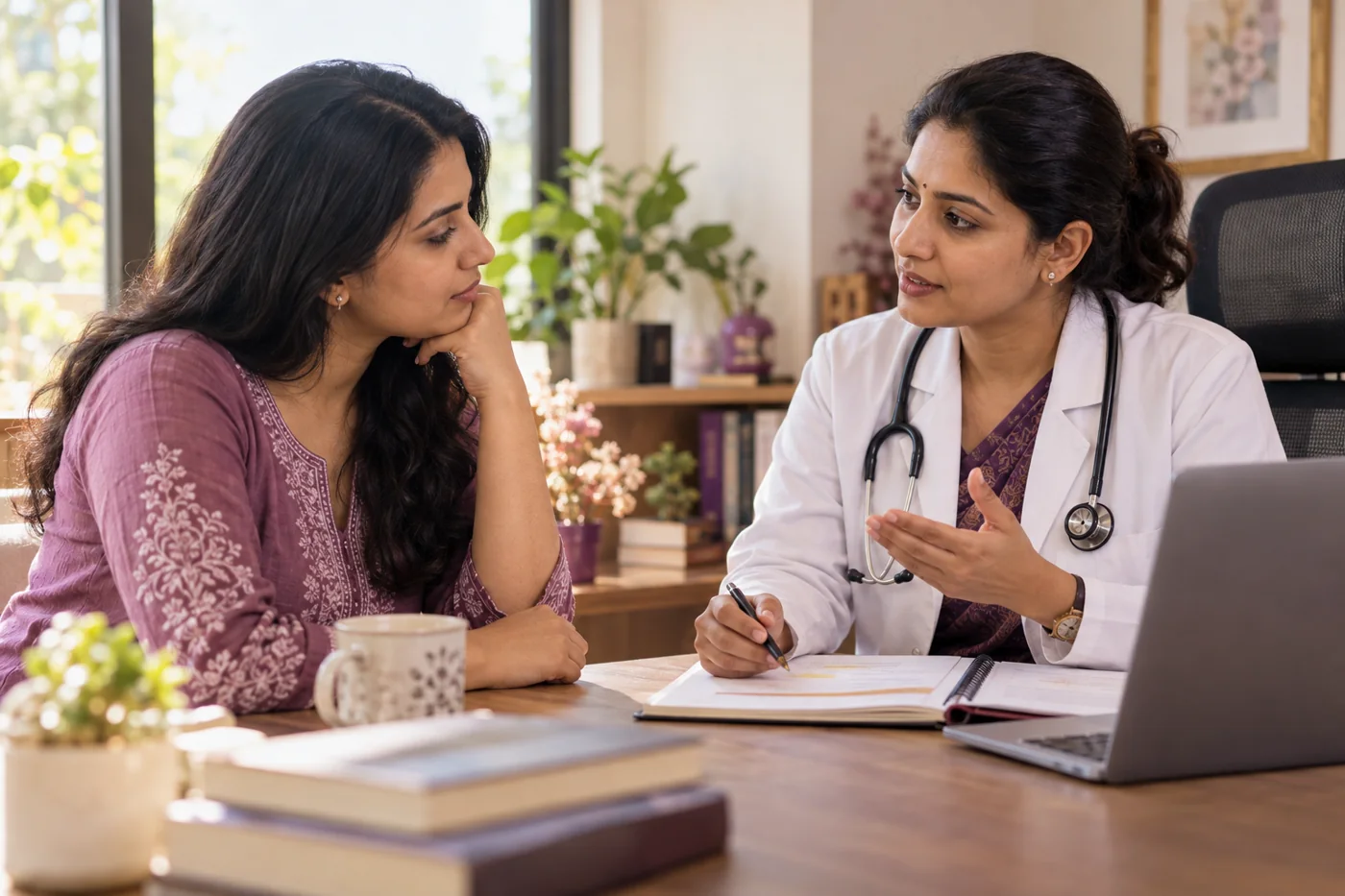 An Indian woman and female endocrinologist discussing an individualized hormone treatment plan
