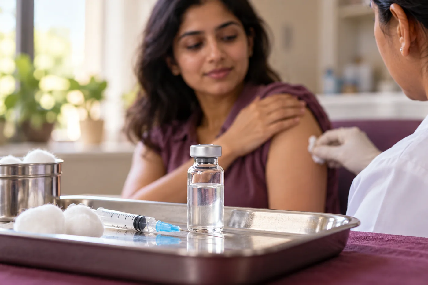 Close-up of a sealed generic vaccine vial and sterile syringe on a medical tray, no branding or text