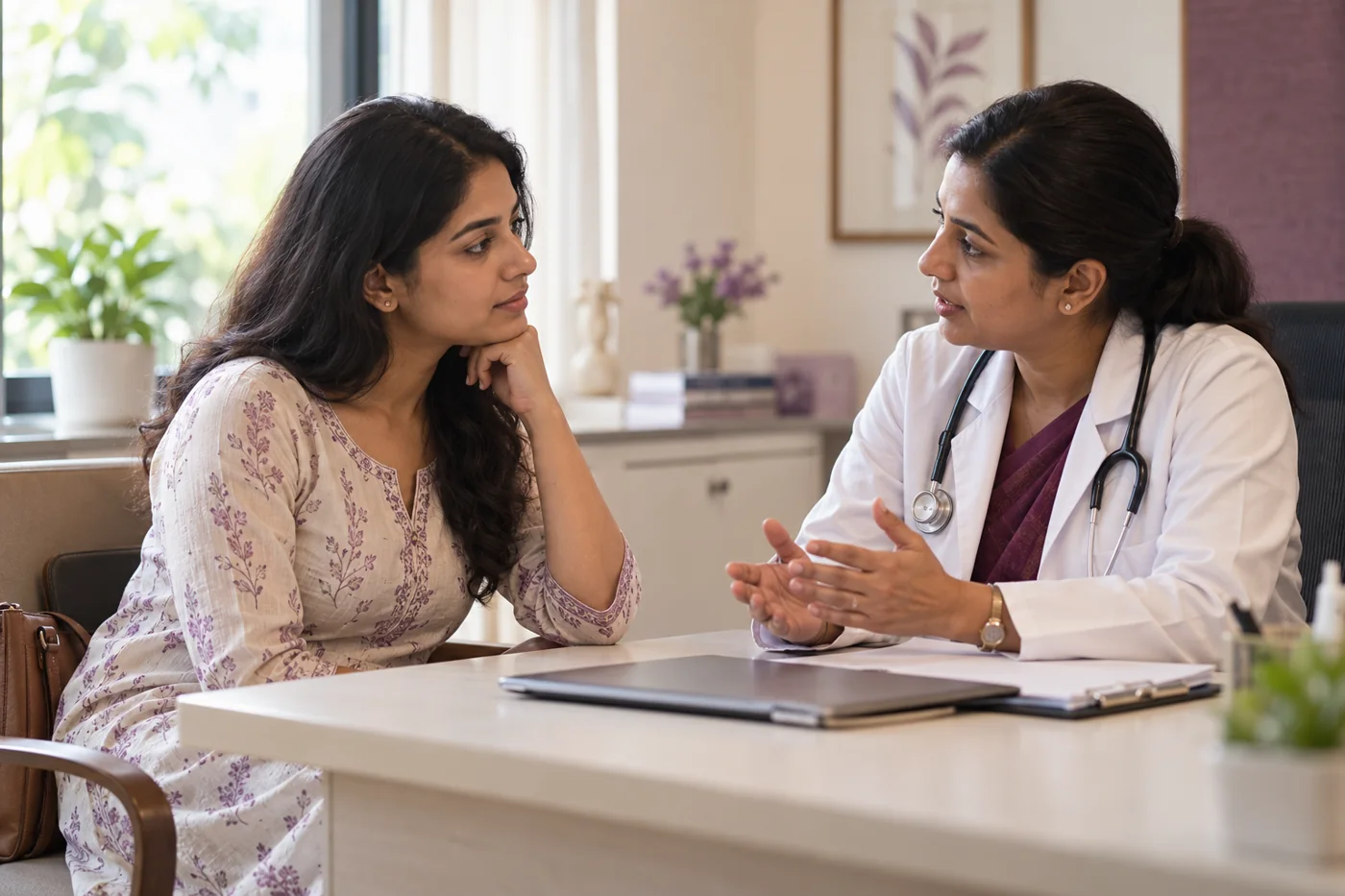 An adult Indian woman discussing cervical screening privately with a female gynecologist, no examination depicted