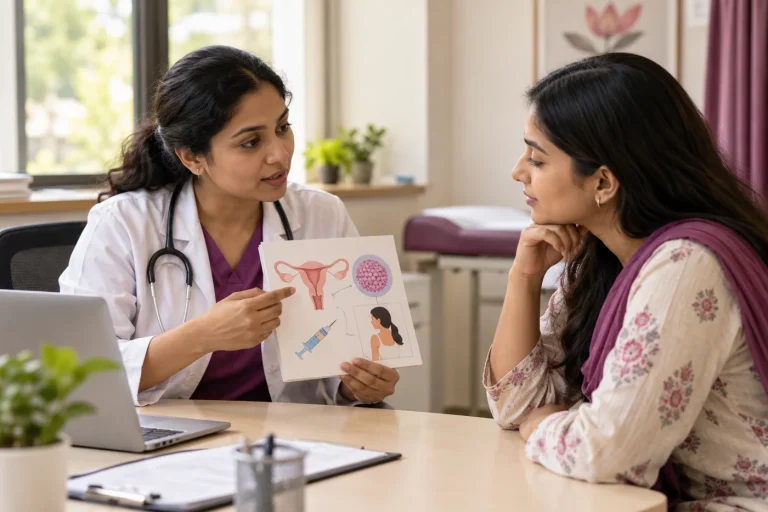 A female healthcare worker explaining HPV vaccination and screening to an Indian adult woman