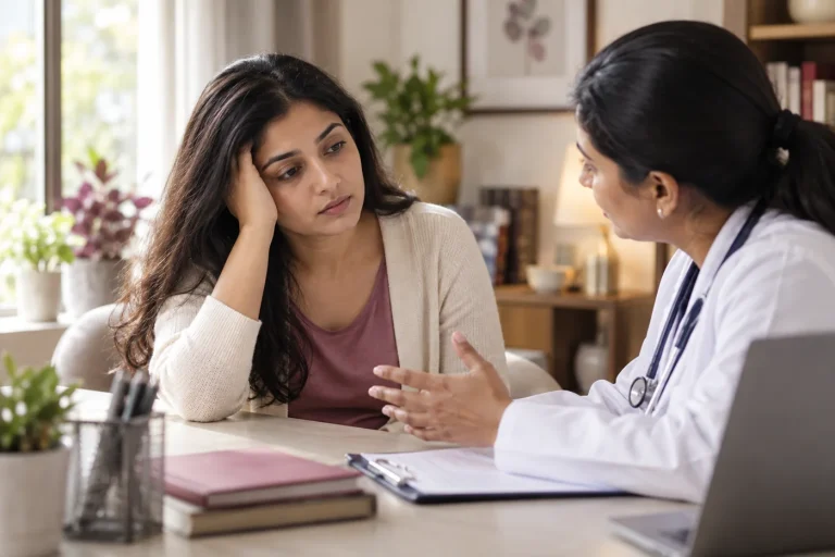 An Indian woman wearing a light cardigan indoors discussing tiredness with a female doctor