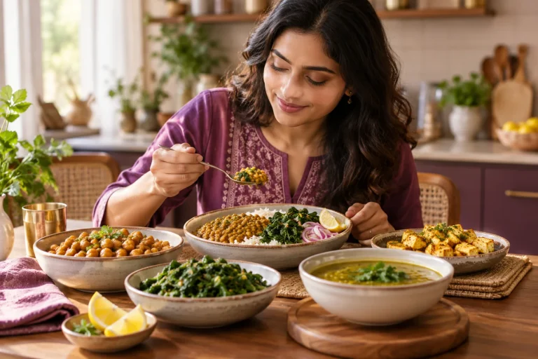 Indian iron rich foods arranged neatly: cooked lentils, chickpeas, leafy greens, tofu and lemon
