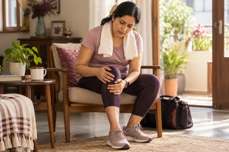 An Indian woman gently holding a knee while sitting on a chair after a walk