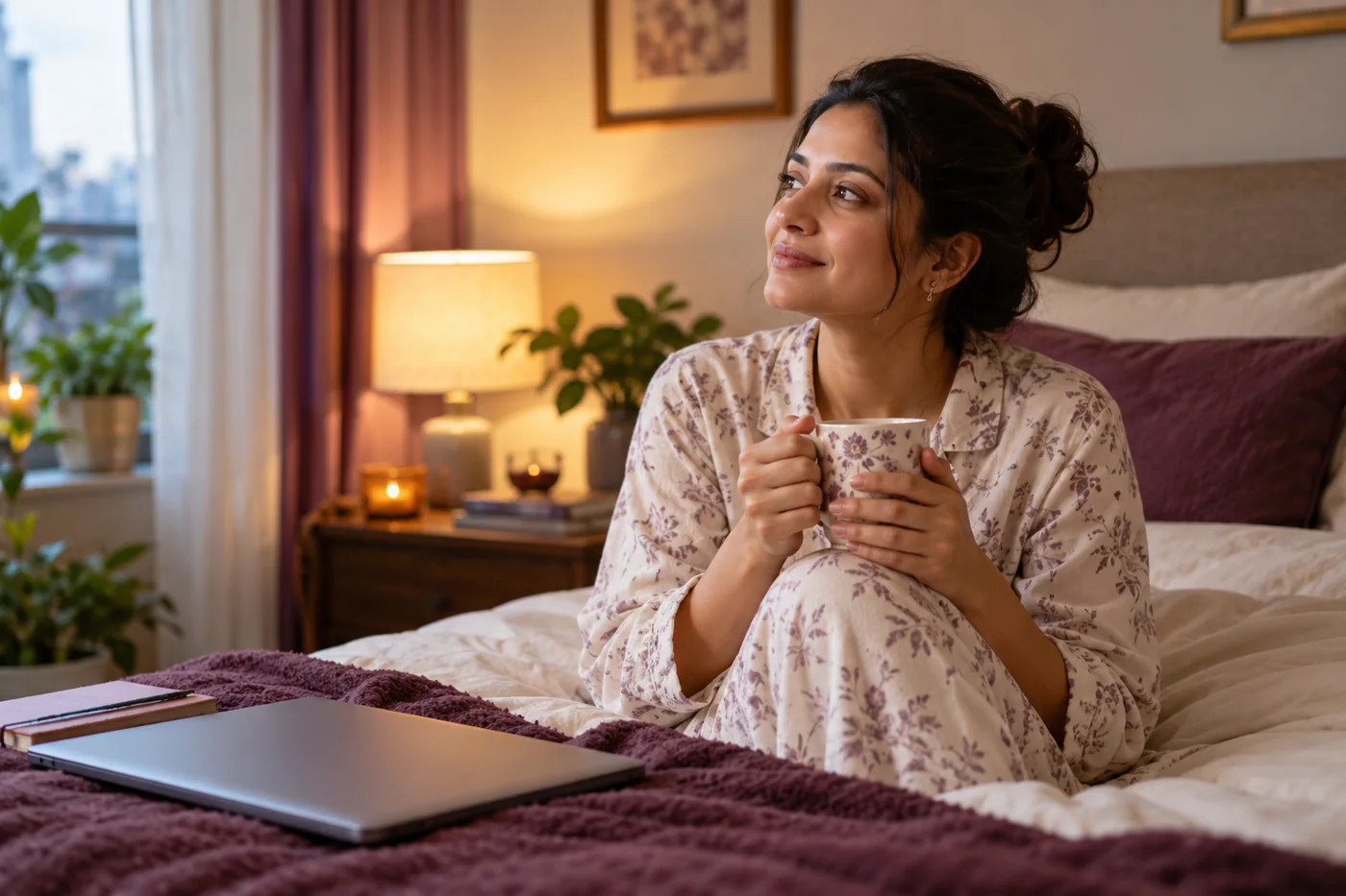 A woman preparing for a restful evening, laptop closed and soft bedside lighting