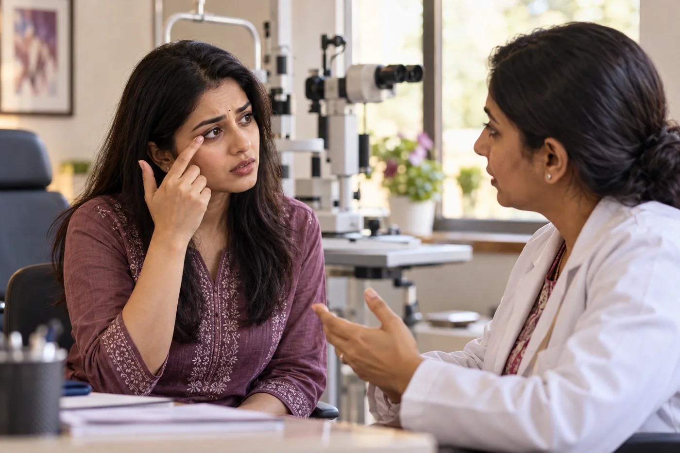 An Indian woman discussing persistent eyelid twitching with a female eye clinician