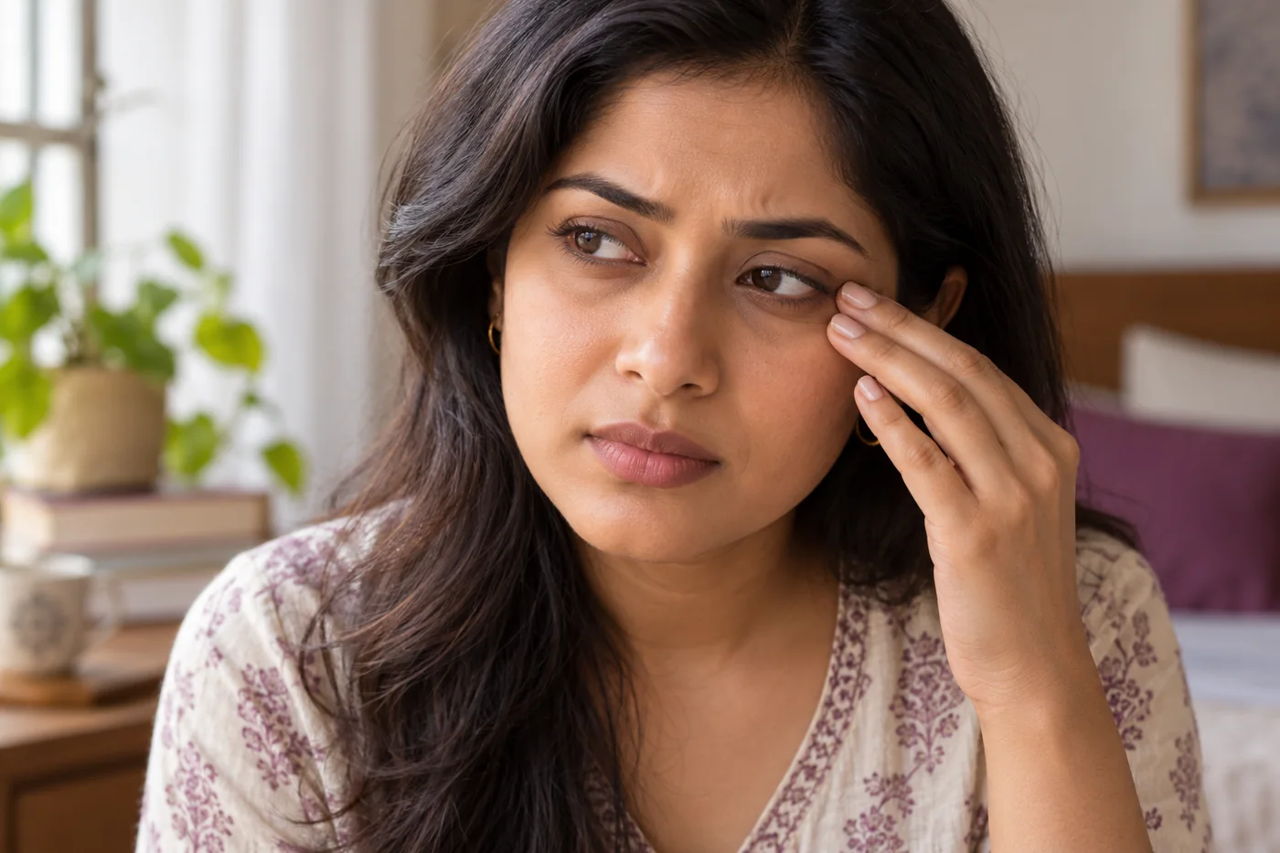 Close-up portrait of an Indian woman resting fingertips near her left eye, gentle natural eye-area editorial photo
