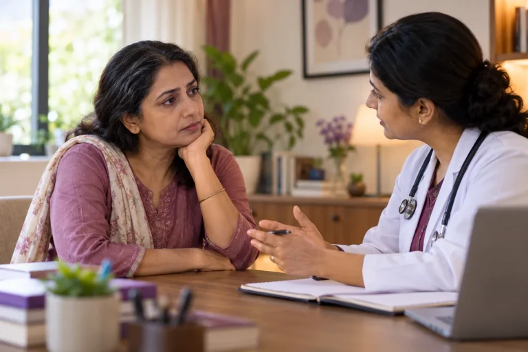 An Indian woman in her late forties talking with a female clinician about menstrual changes