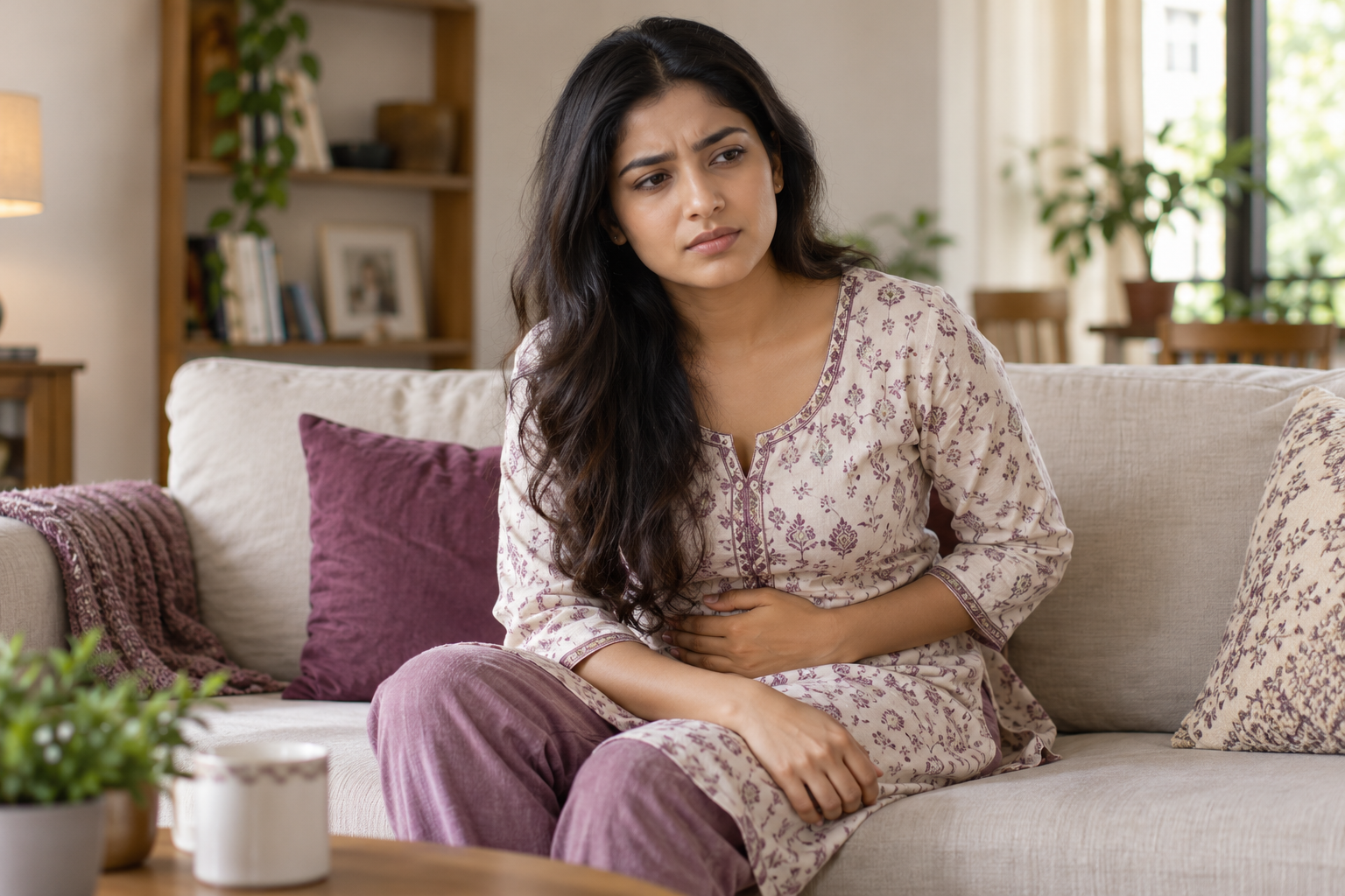 A young Indian woman seated on a sofa with one hand resting over her lower abdomen, composed concerned expression