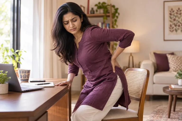 An Indian woman standing from a chair with a hand on the lumbar region, natural expression
