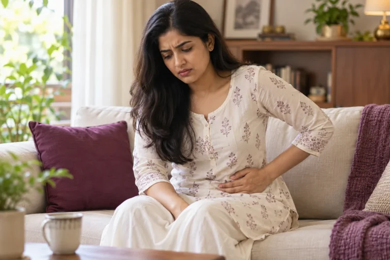 A fully clothed Indian woman indicating the left lower abdomen with her left hand, straightforward front view