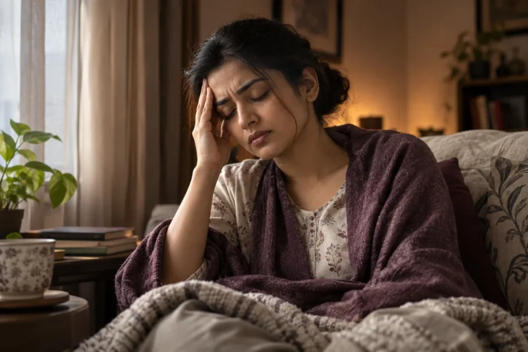 An Indian woman with migraine resting in a dim quiet room, hand near temple, no dramatization