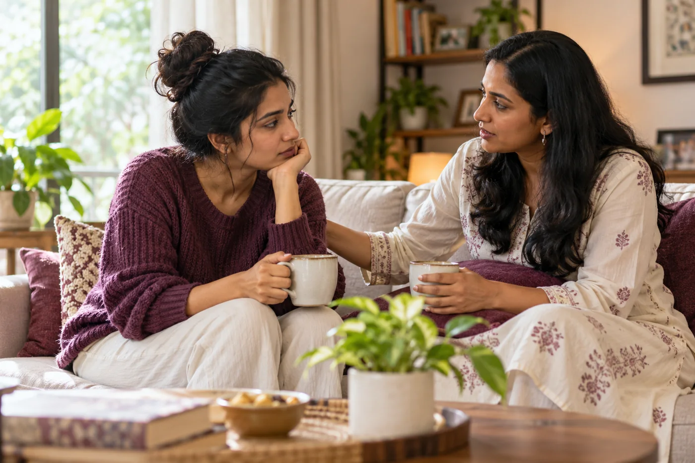 Two Indian women talking supportively over tea in a quiet living room