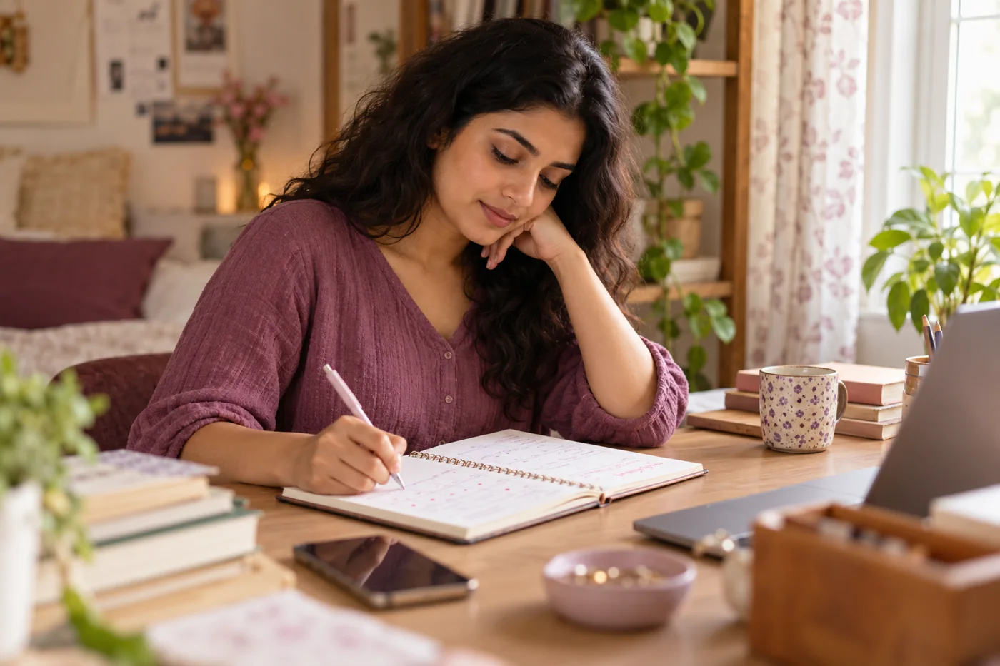 A woman recording mood and menstrual timing in a journal at a peaceful desk