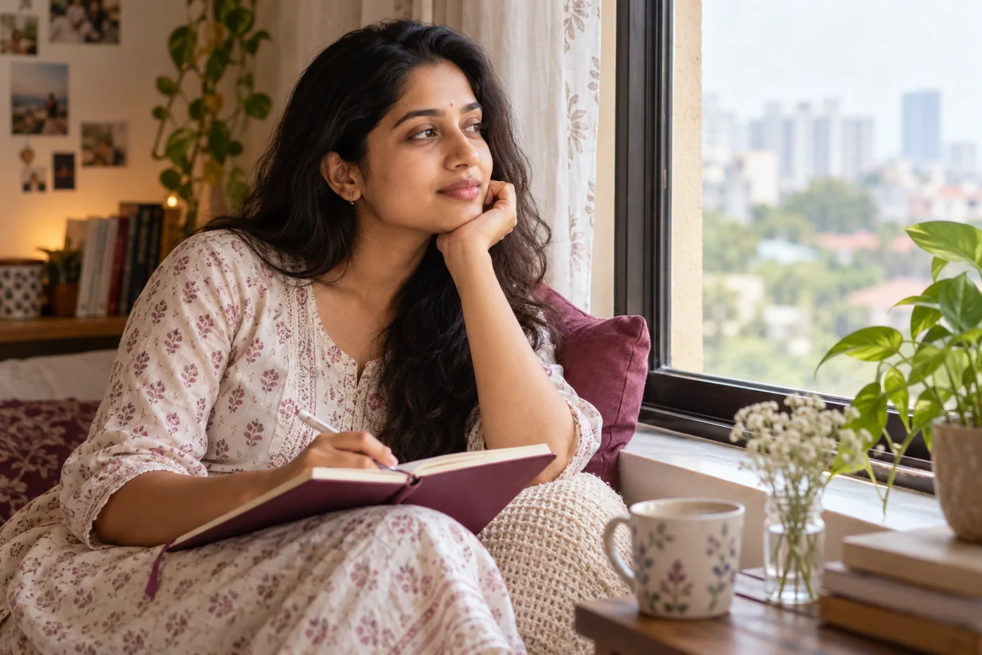 An Indian woman reflecting beside a window with a mood journal on her lap, sensitive hopeful mood