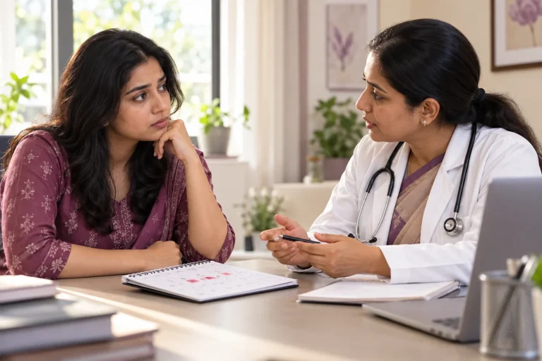 An Indian woman discussing irregular periods with a gynecologist, menstrual calendar visible, Hindi article illustration with no text