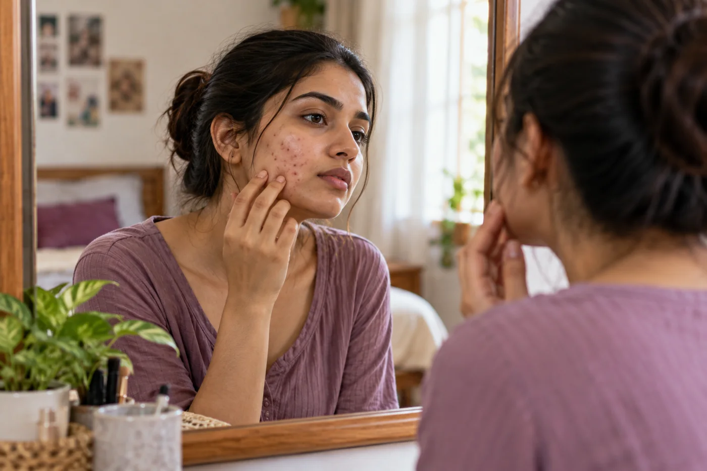 A young Indian woman with mild natural acne looking in a mirror, respectful neutral depiction