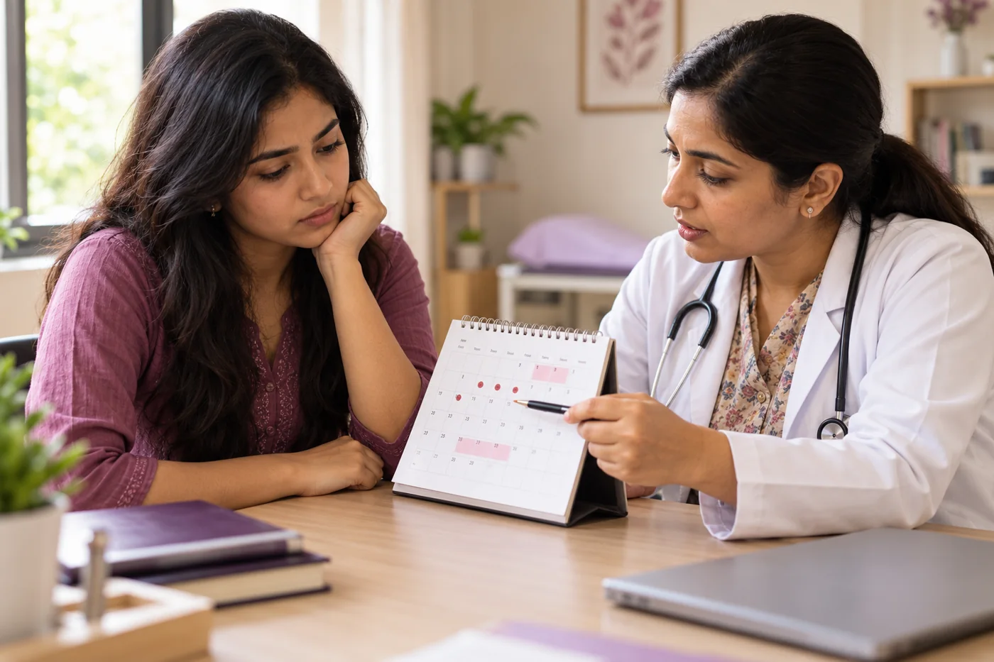 A woman discussing her menstrual calendar with a female clinician