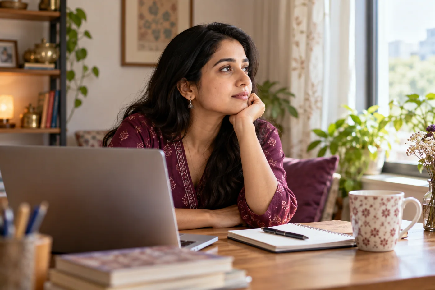 An Indian woman pausing screen work and looking toward a distant window