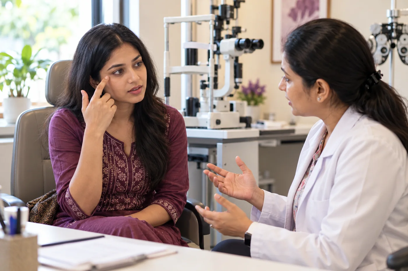A woman talking with an eye specialist at an optometry clinic, noninvasive consultation