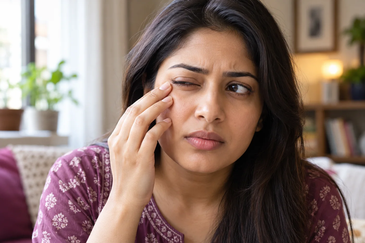 Close-up portrait of an Indian woman with a subtle right eyelid twitch, eye area emphasized naturally without symbols